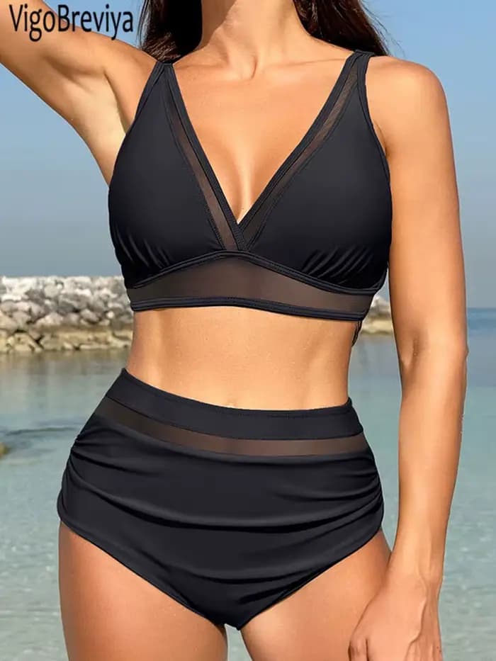 VigoBreviya 2026 Maillot de bain sexy uni à bretelles pour femme, bikini patchwork en maille, maillo