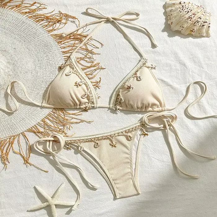 Ensemble de maillot de bain deux pièces côtelé pour femme 2026, haut triangle et bas string, couleur
