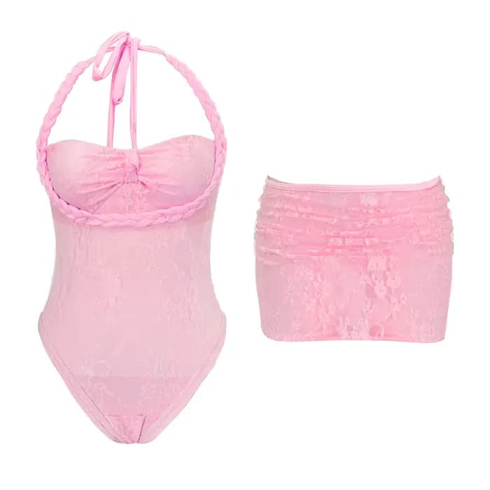 Sexy blanc rose corde attaché une pièce maillot de bain femmes avant arc Push Up maille jupe ensembl