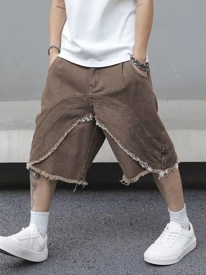 Shorts en jean marron pour homme, style rétro tendance et décontracté, coupe ample, idéal pour un us