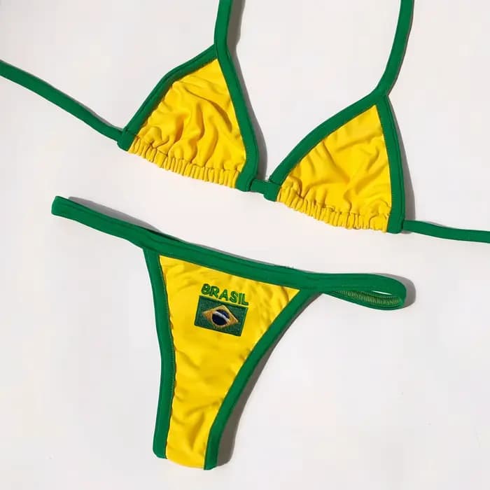 RUOTONSEPT Sexy broderie drapeau du brésil contraste fendu Bikini ensemble femmes maillots de bain P