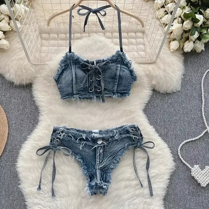 OIINAA maillot de bain femmes Sexy Denim costumes Bikini ensemble à lacets cordon maillots de bain 2
