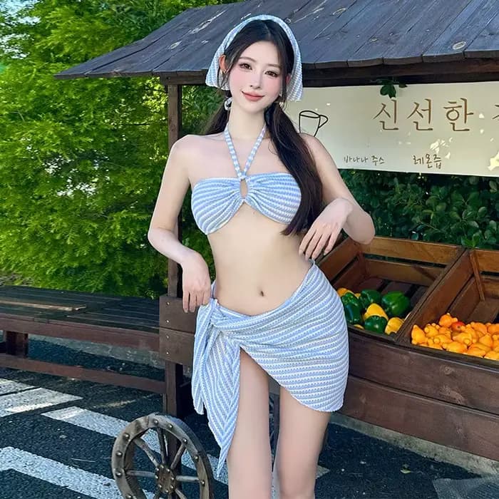 Maillot de bain bikini deux pièces rayé bleu pour femme, mignon et féminin, amincissant et cache-tou