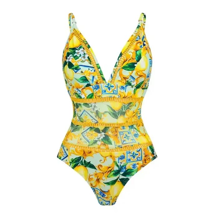 Nouvelle Collection de la Saison : Maillot de Bain Bikini Imprimé Citron, Ensemble Deux Pièces à Col