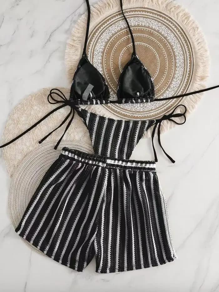 Maillot de bain trois pièces en maille pour femmes, nouveau style, boxer, col, ensemble bikini à lac
