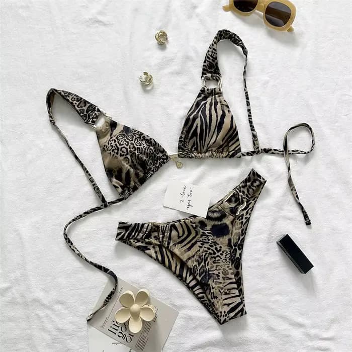 Maillot de bain bikini brésilien léopard pour femme, ensemble deux pièces, coupe haute, rembourré
