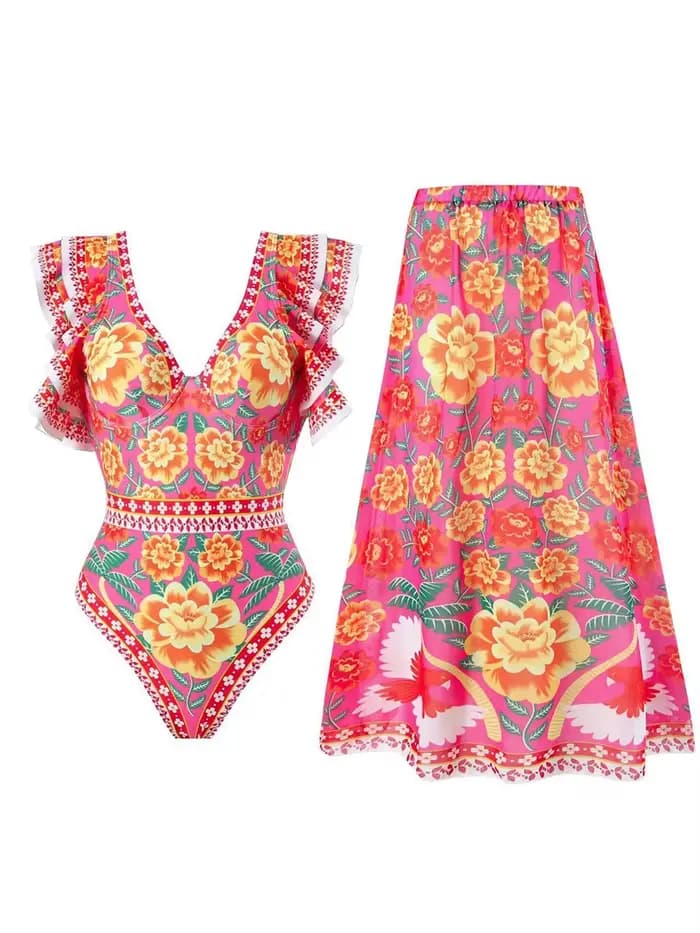 Maillot de bain une pièce à volants et jupe longue imprimée rembourrée 2026 pour femme – Tenue de pl