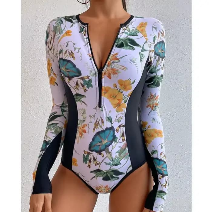 Été impression fermeture éclair une pièce maillot de bain fermé à manches longues maillots de bain s