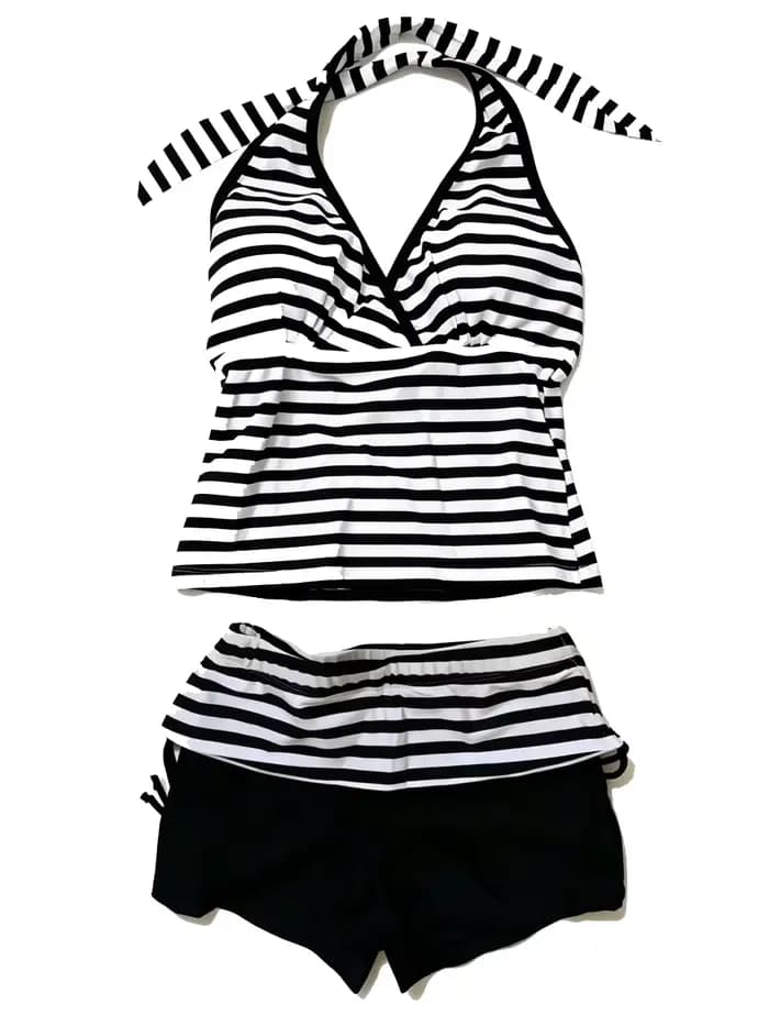 Maillot de bain tankini rayé pour femme, ensemble 2 pièces, col en V, avec bas de maillot de bain sh