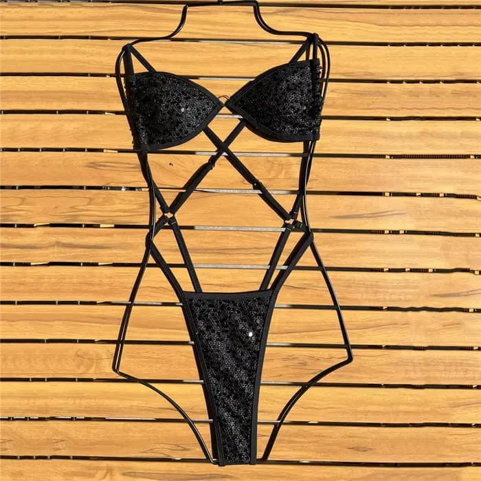 Maillot de bain micro bikini rose à sequins brillants, sexy, une pièce, pour femme, 2026, dos nu, mo