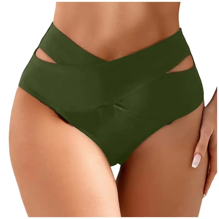 Slip de bain taille haute en V avec bretelles croisées, bas de maillot de bain uni pour femme, coupe