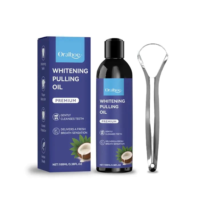 Huile de traction de noix de coco avec grattoir à langue, blanchiment des dents, hygiène buccale, ne