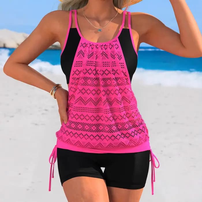 Rose vif Patchwork deux pièces maillot de bain femmes cordon côté débardeur taille haute court Tanki