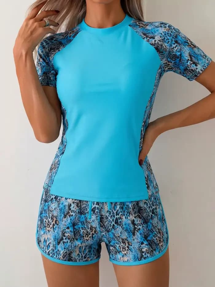 Nouveau Maillot de Bain Sportif Femme 2026 – Tankini à Manches Courtes et Short Boxer avec Cordon de