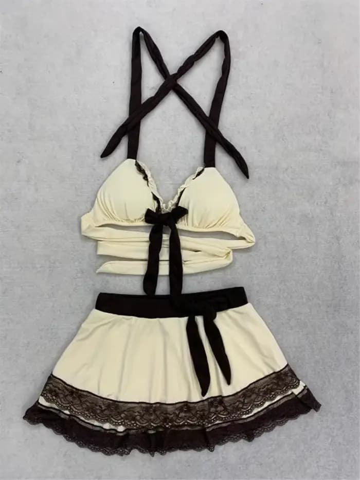Ensemble bikini jupe beige d'été avec dentelle et nœud, style Y2K, mignon et tendance, pour la plage