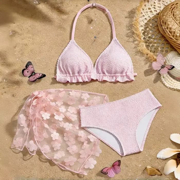 Ensemble de bikinis 3 pièces pour adolescentes et jeunes filles, jupe de plage en maille florale 3D,