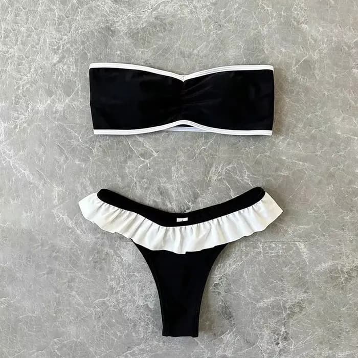 Maillot de bain deux pièces sans bretelles pour femme, chic, uni, patchwork, volants, string, micro