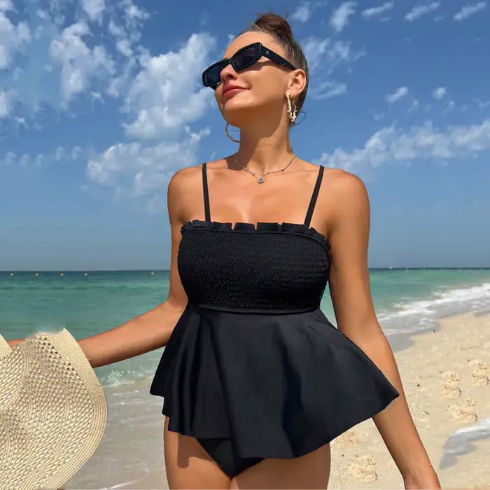 Ensemble Tankini 2 Pièces Uni Grande Taille pour Femme, Maillot de Bain Courbes à Bretelles Taille H