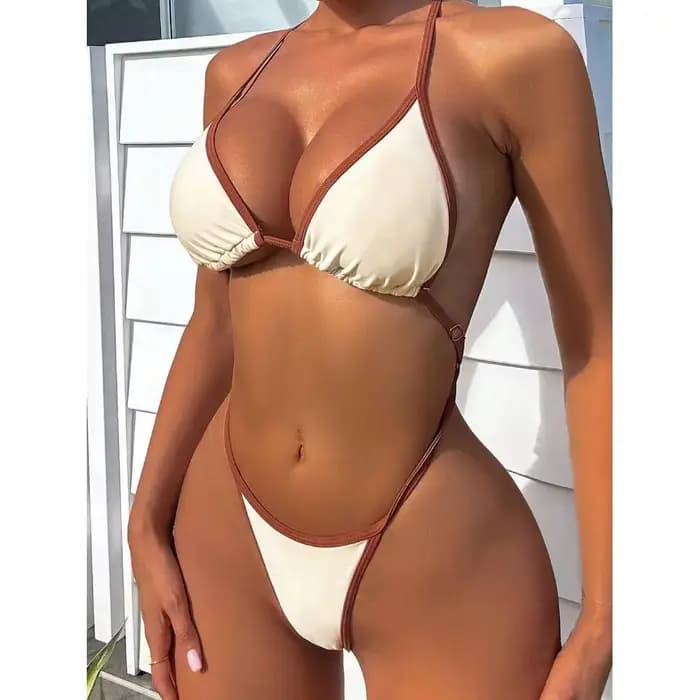 Cikini Summer Beach Maillot de bain une pièce avec bordure contrastée et col licou pour femme - Mail