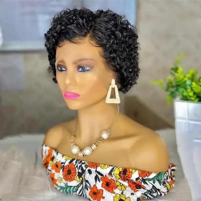 Perruque courte bouclée en cheveux humains, coupe pixie, partie en T, 13x4x1, perruque en dentelle p