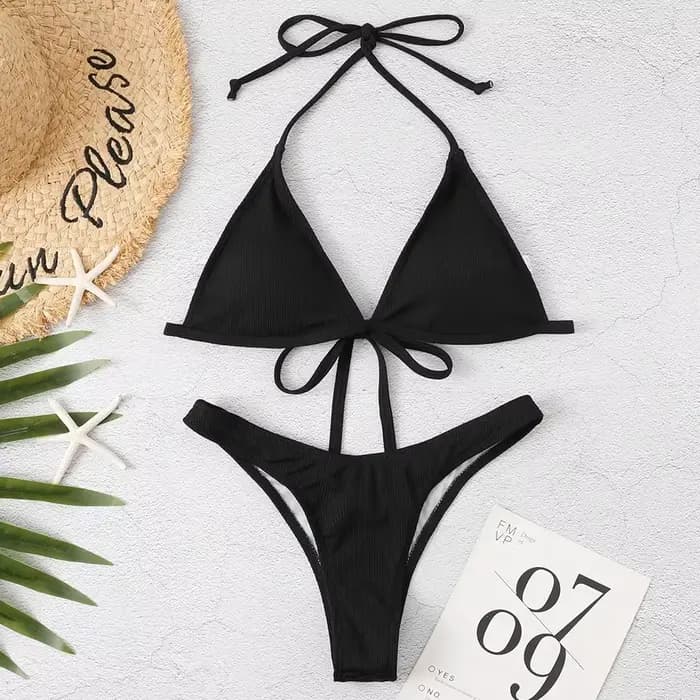 Bikini classique noir uni, maillot de bain grande taille média, rembourré, entièrement doublé, pour