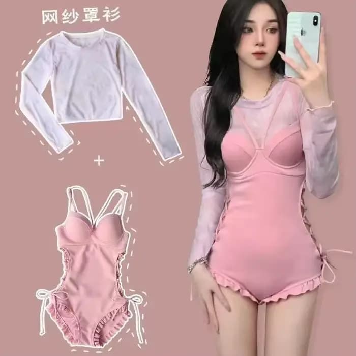 Maillot de bain une pièce rose avec veste pour femme, nouvelle collection 2026, couleur unie, tissu