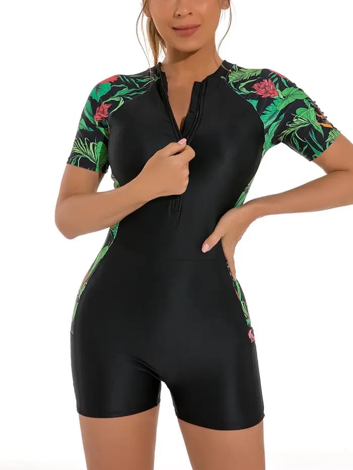 Maillot de bain une pièce pour femmes, manches courtes, imprimé Floral, fermeture éclair, protection