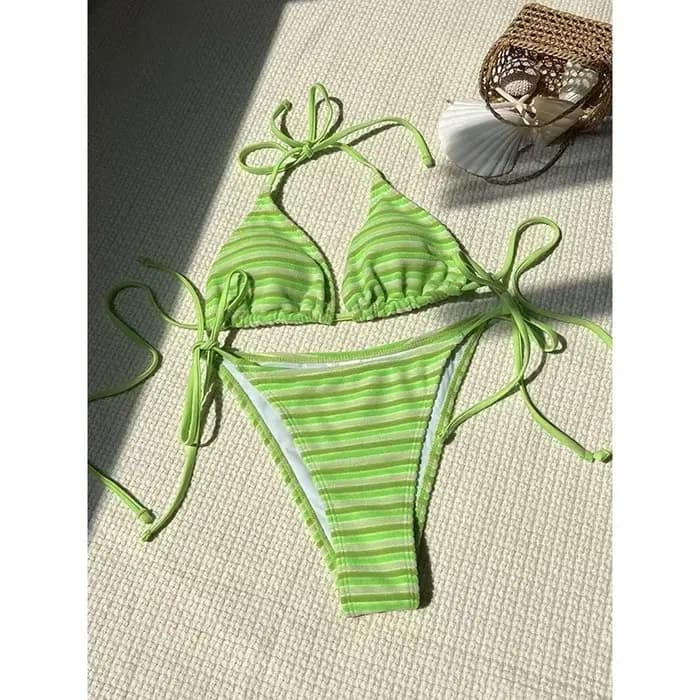 Ensemble bikini rayé pour femmes, maillot de bain sexy, triangle fendu, à lacets, push-up, maillot d