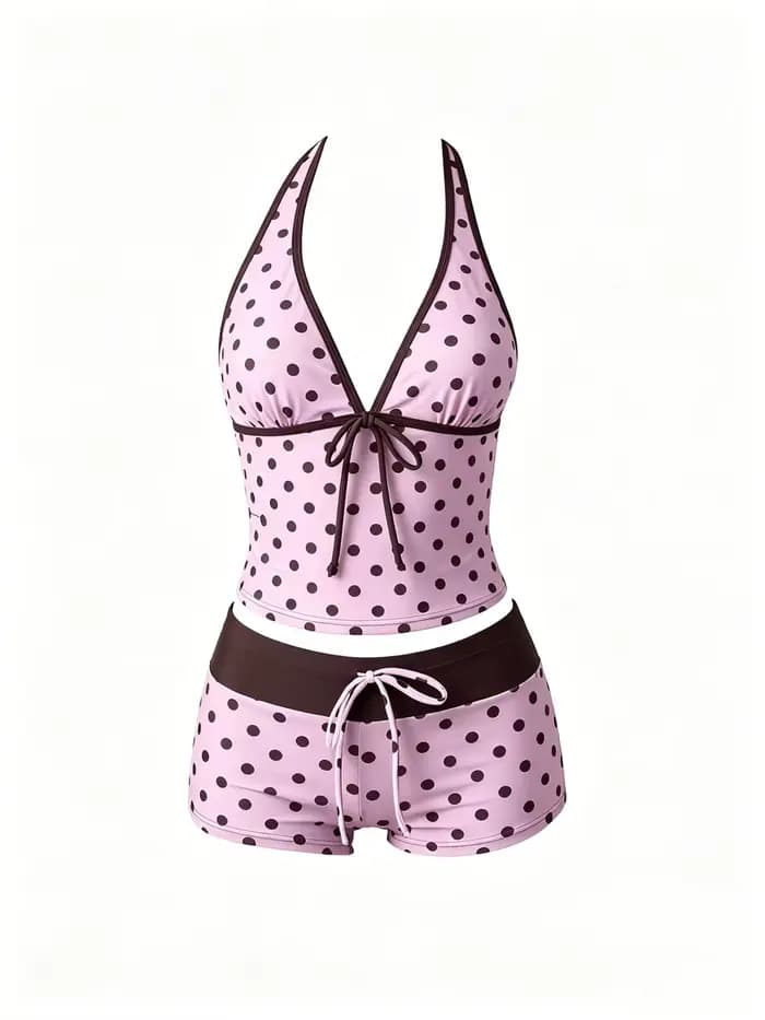 Ensemble bikini à pois kawaii, short tankini rose et marron, maillot de bain coréen pour femme, styl