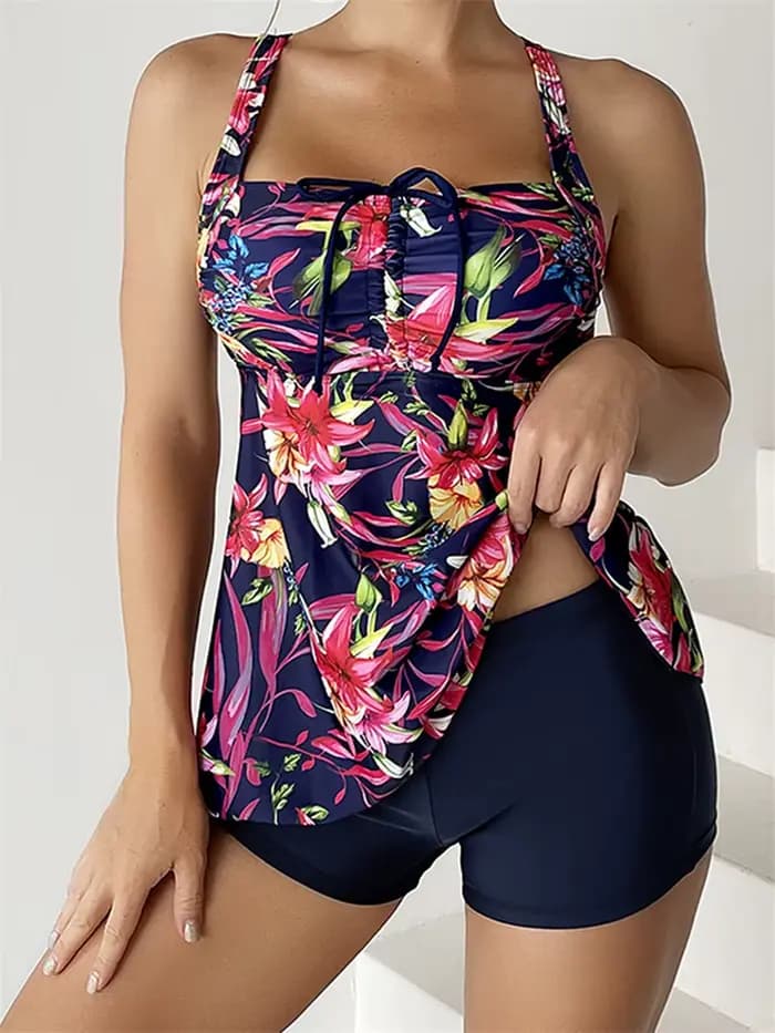 Ensemble Tankini Imprimé Deux Pièces 2026 avec Cordon de Serrage, Maillot de Bain Taille Haute pour