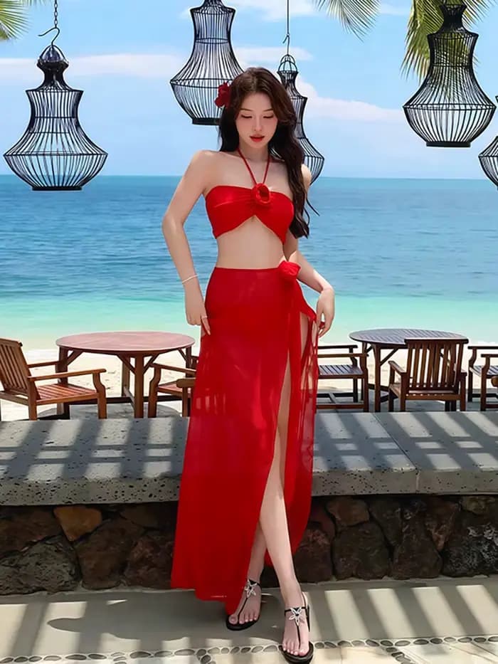 2025 coréen maillot de bain femmes Sexy Bikini rouge fendu jupe longue maillot de bain femmes licou