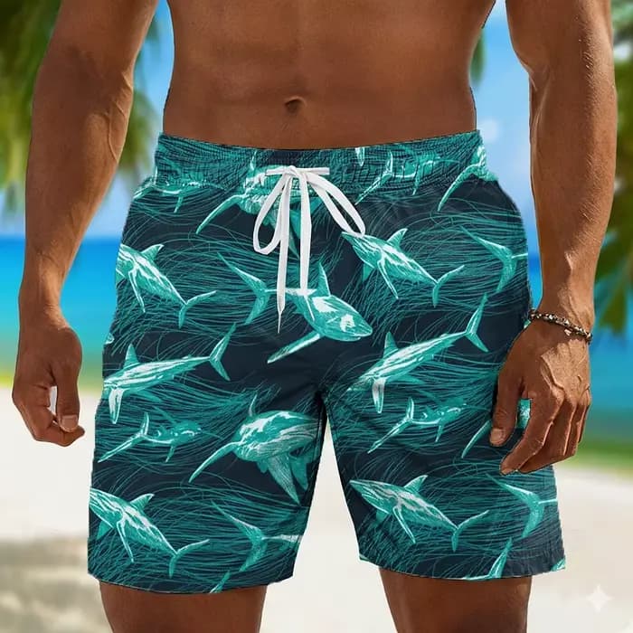 Shorts à cordon de serrage bleu marine pour hommes, imprimé requin, short de bain décontracté et amp