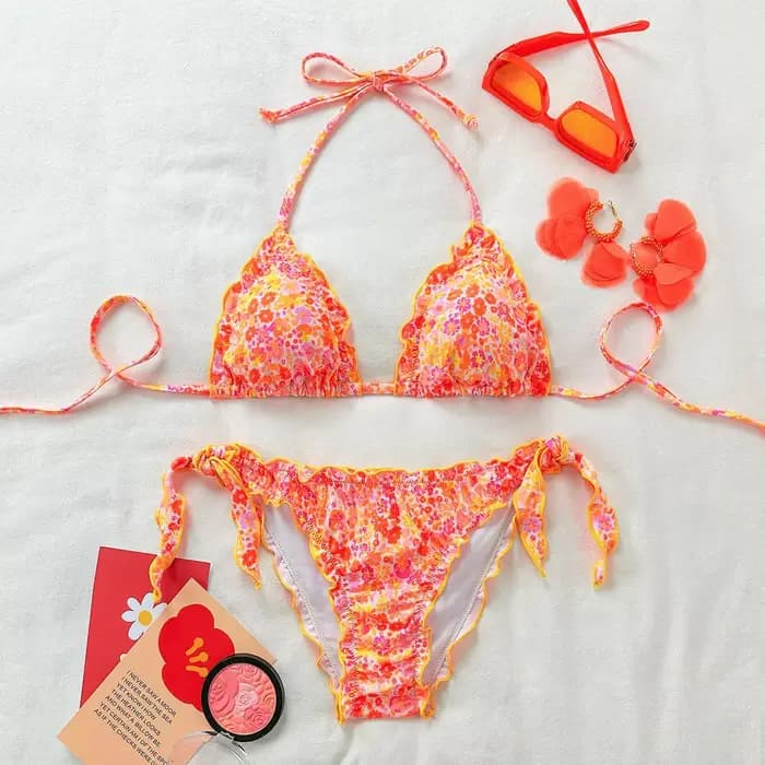 Femmes mignon Bikini ensemble 2025 nouvel été Orange imprimé fleuri licou volants Push Up cravate cô