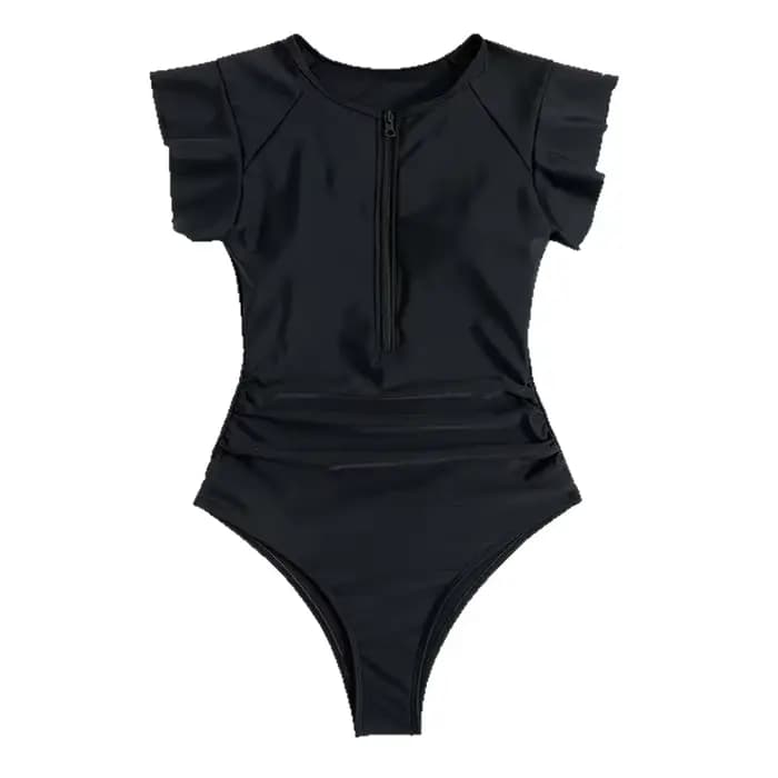 Femmes maillot de bain décontracté couleur unie fermeture éclair manches courtes col rond mince vent