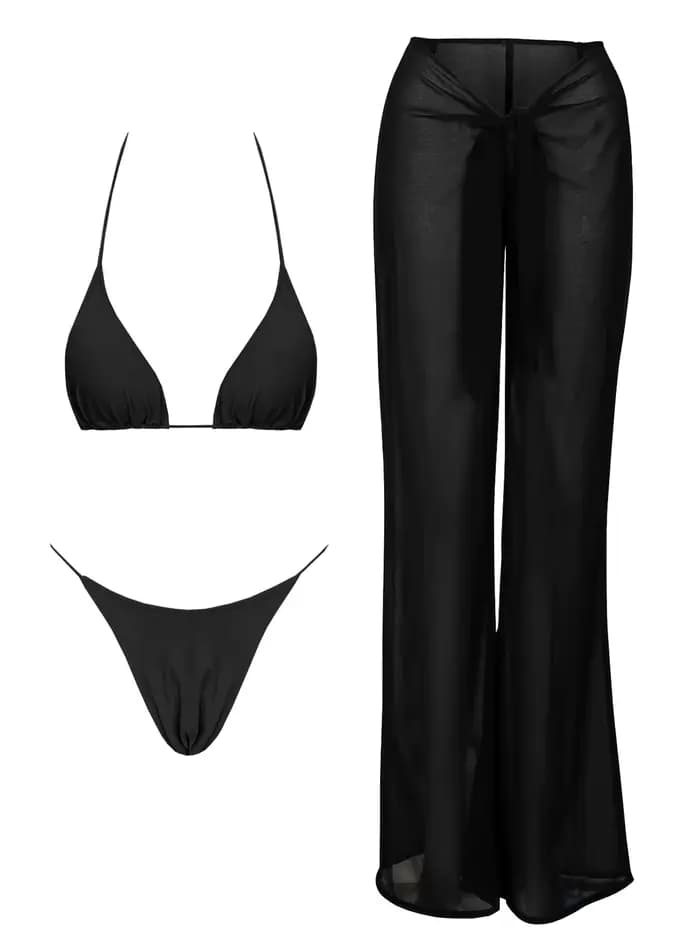 2025 Ensemble bikini noir élégant avec fond transparent, vêtements de plage de style urbain, mur bla