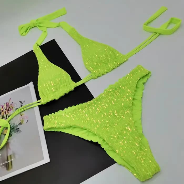 Maillot de bain deux pièces pour femmes, bikini scintillant, ensemble smocké, push up, pour la plage
