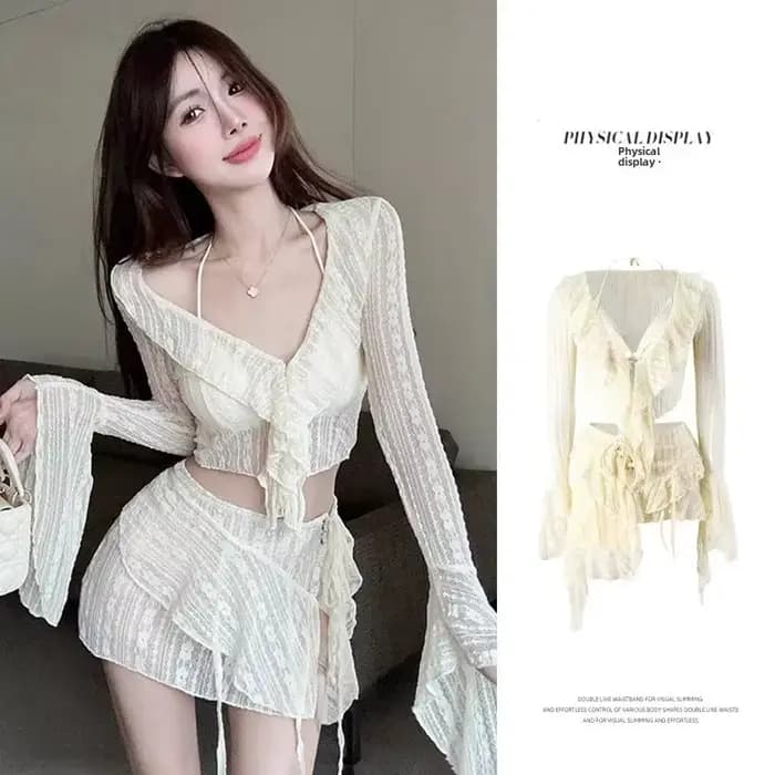 Ensemble de bikini froncé pour femme, maillot de bain quatre pièces, petite poitrine, esthétique, él