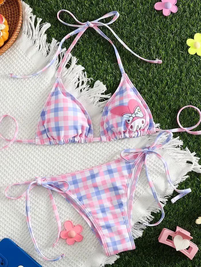 Ensemble bikini Kawaii My Melody pour femmes, 2 pièces, rose et bleu à carreaux, maillot de bain tri