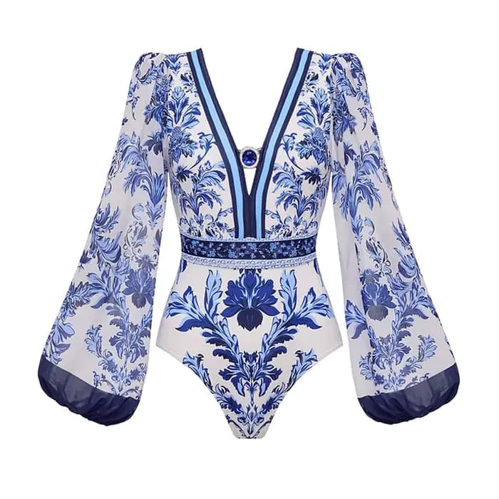 Flaxmaker Vintage imprimé maillot de bain femmes à manches longues fleur couleur bloc imprimé une pi