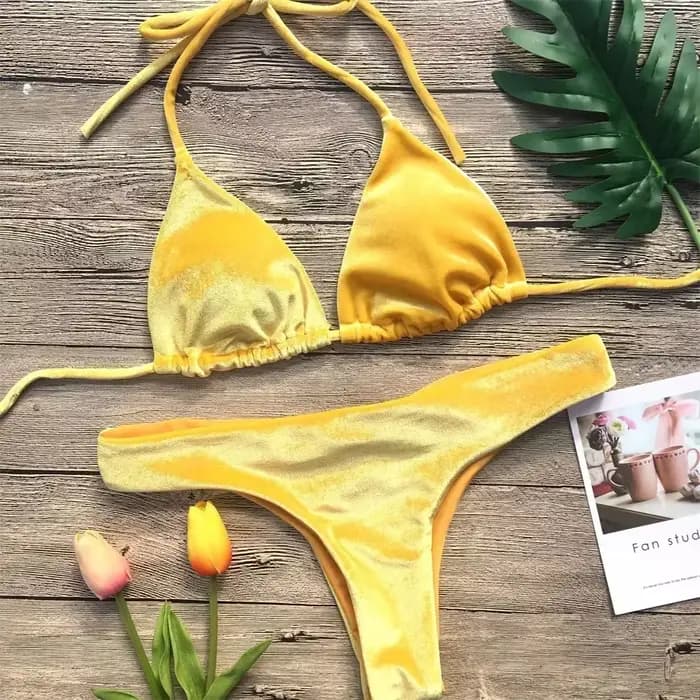 Maillot de bain bikini en velours, style string, dos nu, à bretelles, classique, deux pièces, pour f