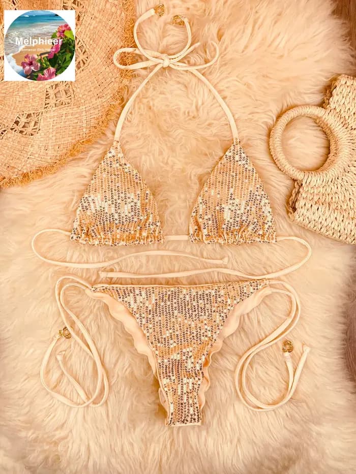 Maillot de bain bikini scintillant à paillettes pour femme, tailles S-L, ensemble deux pièces brésil