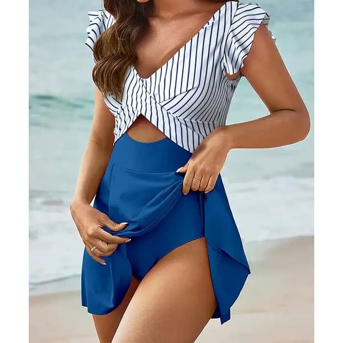 Décontracté solide une pièce maillot de bain femmes Sexy col en V croix volants maillot de bain jupe