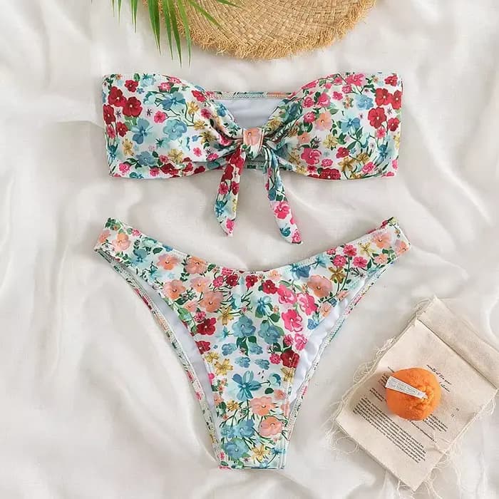 Maillot de bain Bandeau imprimé Floral, épaules dénudées, Push Up, haut tubulaire, avec nœud, Sexy,
