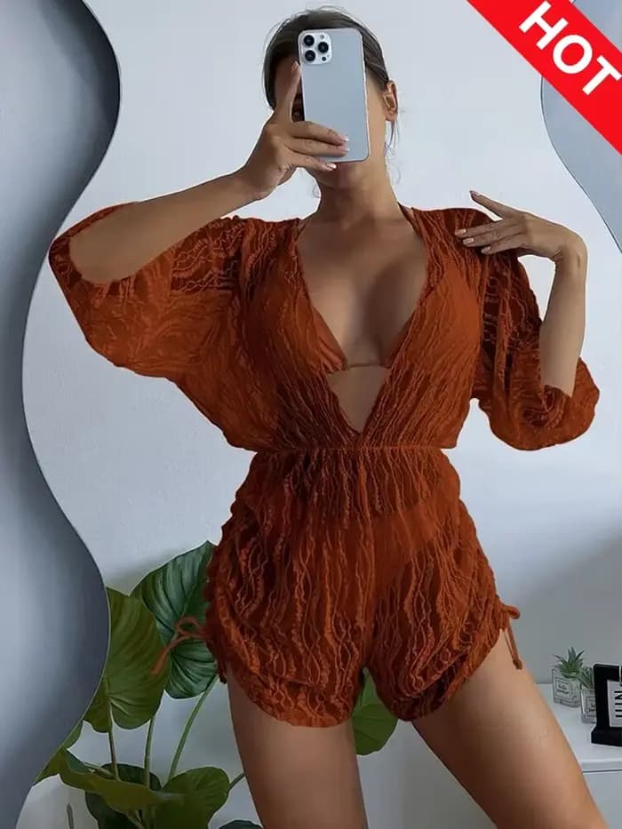 Maillot de bain en dentelle amissié pour femmes, 3 pièces, sexy, plissé, cover-up, vêtements de plag
