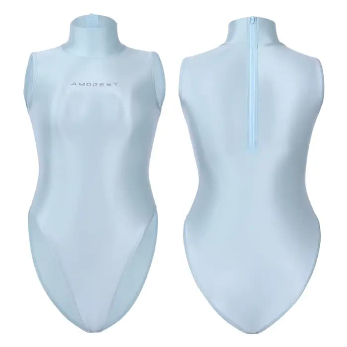 Maillot de bain AMORESY brillant ultra-fin transparent à col montant, couleur unie, fente haute, fer