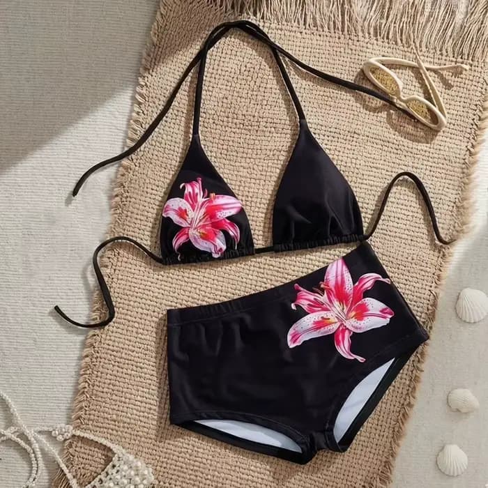 Ensemble bikini triangle Y2K style Harajuku imprimé lys, col montant, maillot de bain coupe plate av