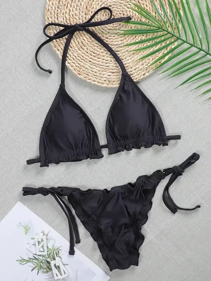 Bikini brésilien côtelé à volants pour femmes, maillot de bain deux pièces, ensemble deux pièces, co