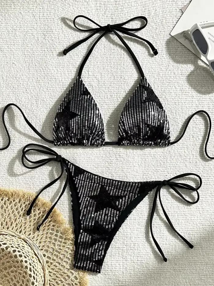 Maillot de bain deux pièces à sequins pour femmes, étoile brillante, licou, bikini, ensemble, brésil