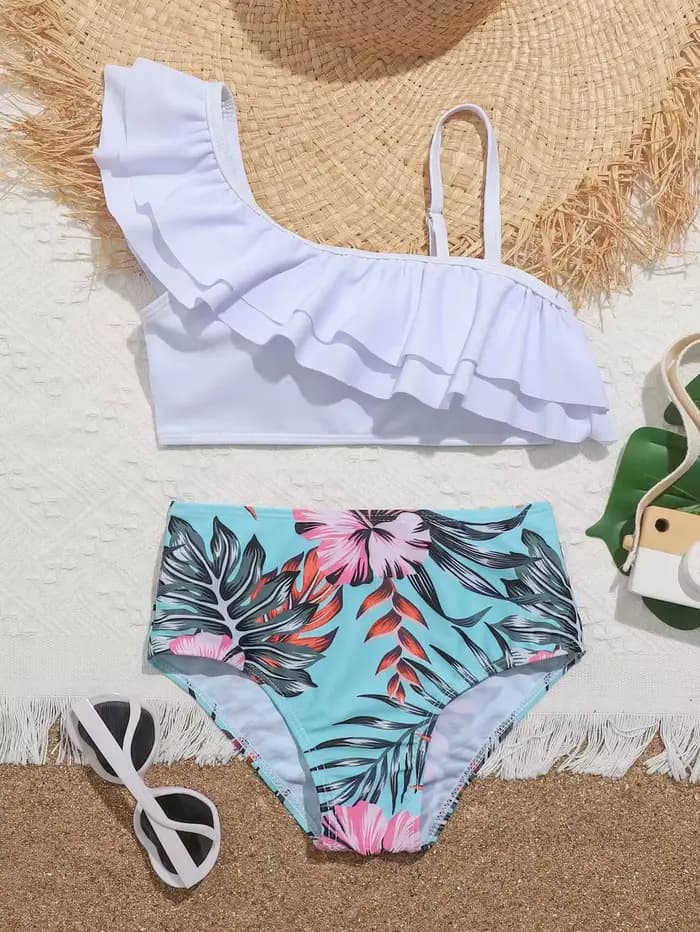 Maillot de bain imprimé floral pour filles, taille haute, bikini, ensemble deux pièces, pour la plag