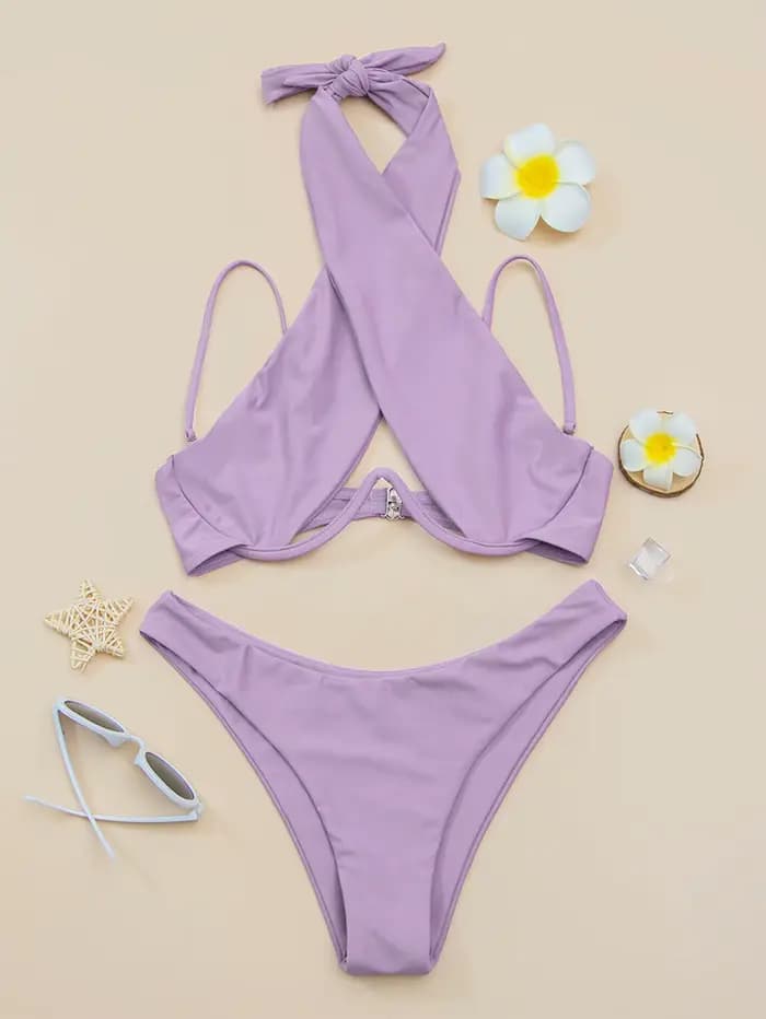 Bikini à bretelles croisées avec armatures 2026 Maillot de bain femme uni Push-up Maillot de bain fé